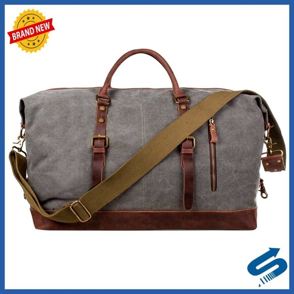 Large Canvas Duffel Bag with Leather Trim Carry-On Size Travel Weekender